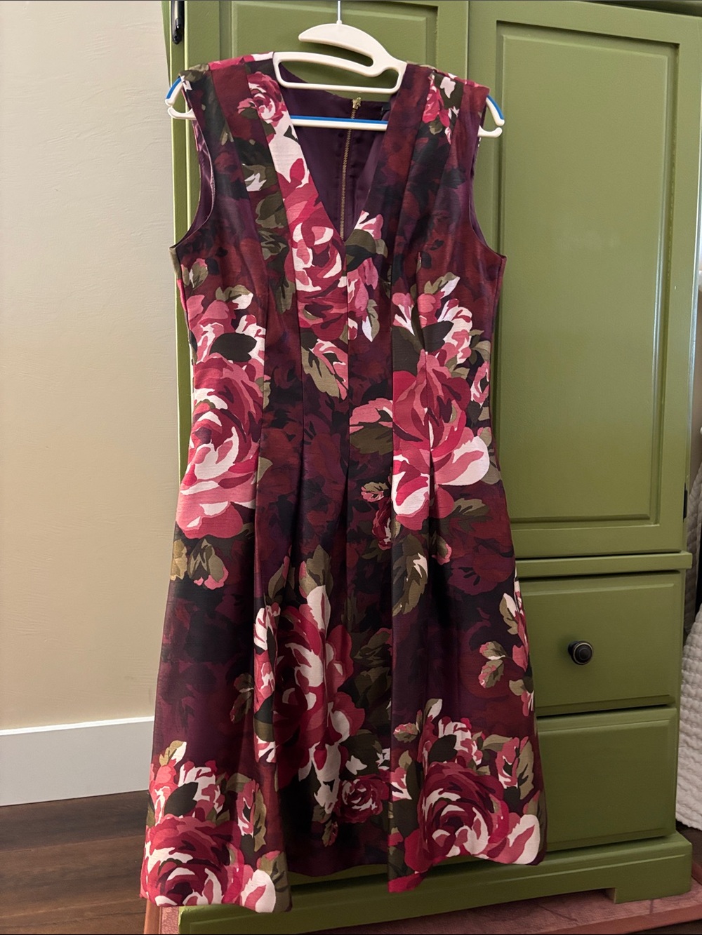Roz & Ali Burgundy and Pink Floral V-Neck Fit-and-Flare Dress